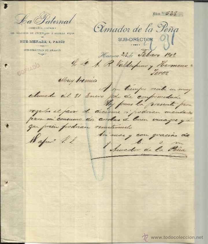 CARTA COMERCIAL DE AMOADOR DE LA PE&Ntilde;A. LA PATERNAL C&ordf; AN&Oacute;NIMA. HUESCA. 1902