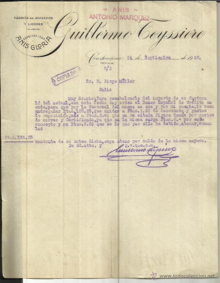 Commercial Letters: CARTA COMERCIAL DE GUILLERMO TEYSSIERE. AN&Iacute;S GLORIA. CONSTANTINA. SEVILLA. 1929