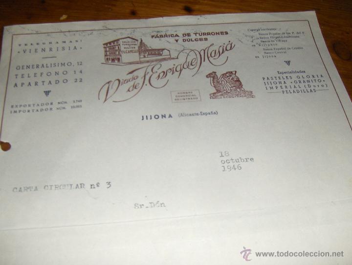 Commercial Letters: VIUDA DE ENRIQUE MASIA, FABRICA DE TURRONES Y DULCES. JIJONA ALICANTE 1946. CIRCULAR N&ordm; 3.