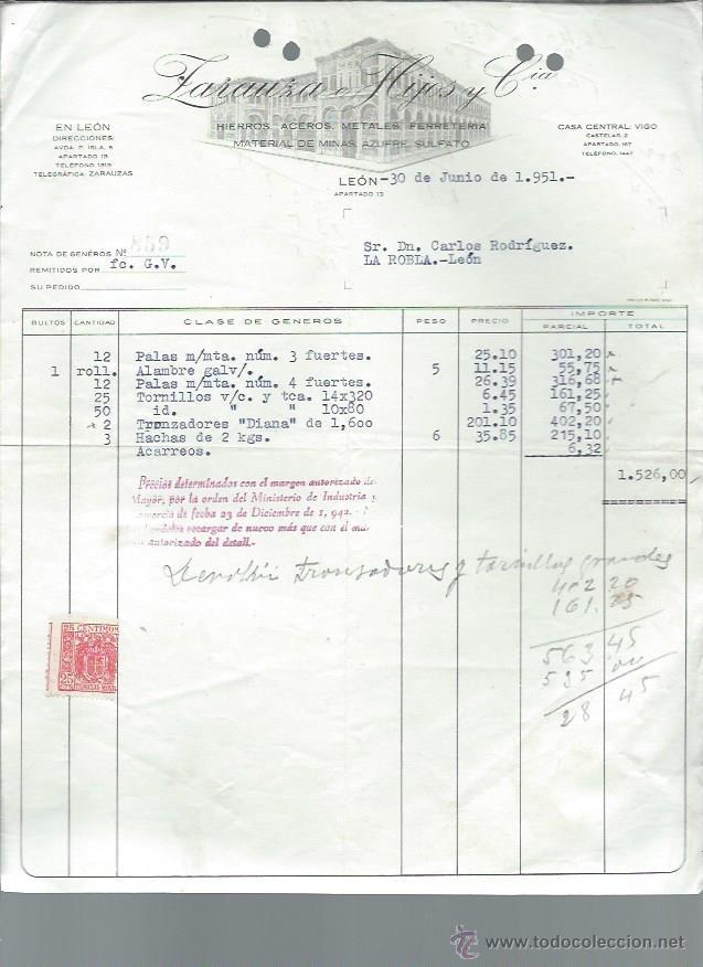Commercial Letters: CARTA COMERCIAL ZARAUZA E HIJOS Y CIA, HIERROS ACEROS METALES, LE&Oacute;N 30 JUNIO 1951