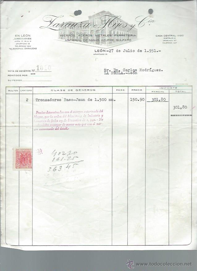Cartas comerciais: CARTA COMERCIAL ZARAUZA E HIJOS Y CIA, HIERRO, ACERO, FERRETER&Iacute;A, LE&Oacute;N 27 JULIO 1951