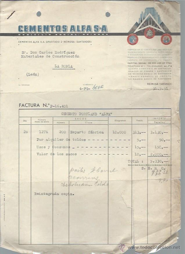 Gesch&auml;ftsbriefe: CARTA COMERCIAL CEMENTOS ALFA, REINOSA, SANTANDER, 31 MAYO 1951