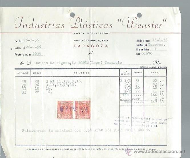 Lettere commerciali: CARTA COMERCIAL INDUSTRIAS PL&Aacute;STICAS WEUSTER, ZARAGOZA 16 ENERO 1956