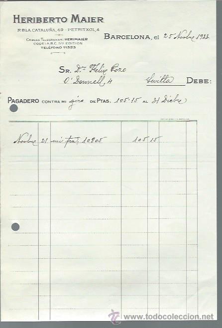 Cartas comerciales: CARTA COMERCIAL HERIBERTO MAIER, HERIMAIER, BARCELONA 25 NOVIEMBRE 1933