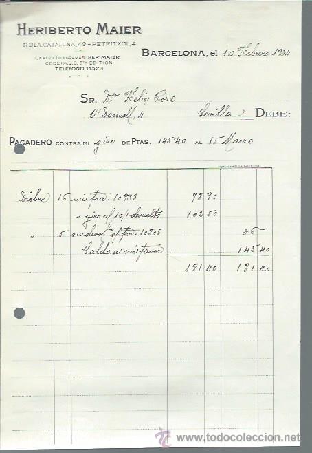 Cartas comerciales: CARTA COMERCIAL HERIBERTO MAIER, HERIMAIER, BARCELONA 10 FEBRERO 1934