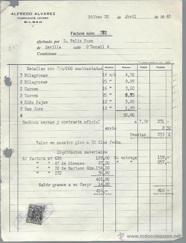 Cartas comerciales: CARTA COMERCIAL ALFREDO &Aacute;LVAREZ FABRICANTE JOYERO, BILBAO 20 ABRIL 1940