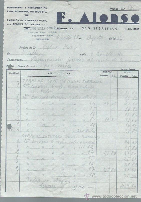Cartas comerciales: CARTA COMERCIAL E. ALONSO, FORNITURAS Y HERRAMIENTAS PARA RELOJEROS JOYEROS, SEVILLA 18 AGOSTO 1939
