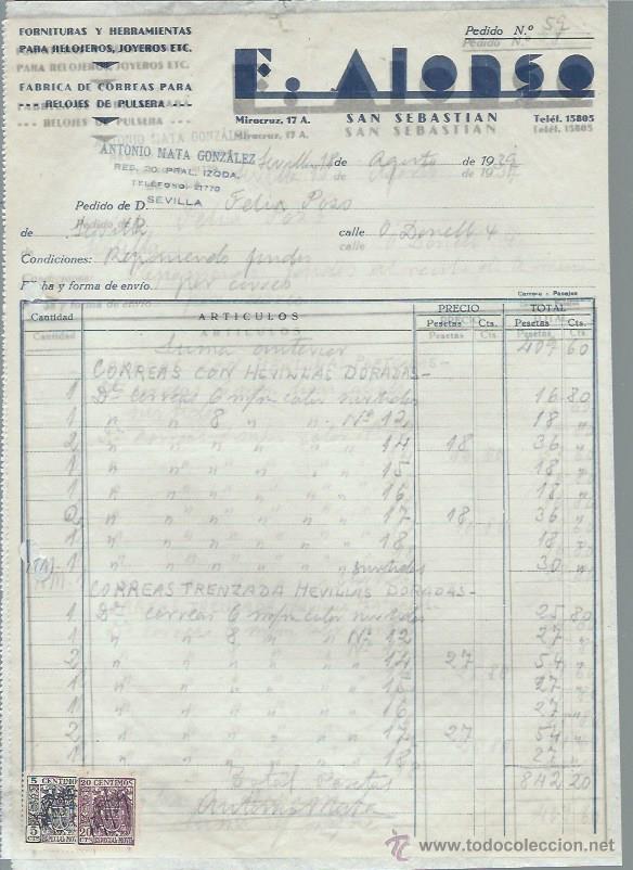 Cartas comerciales: CARTA COMERCIAL E. ALONSO, FORNITURAS Y HERRAMIENTAS PARA RELOJEROS JOYEROS, SEVILLA 18 AGOSTO 1939