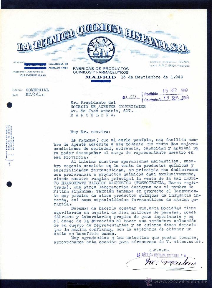 Commercial Letters: Madrid. *Tecnia - La T&eacute;cnica Qu&iacute;mica Hispana, S.A....* Fechada 1949.