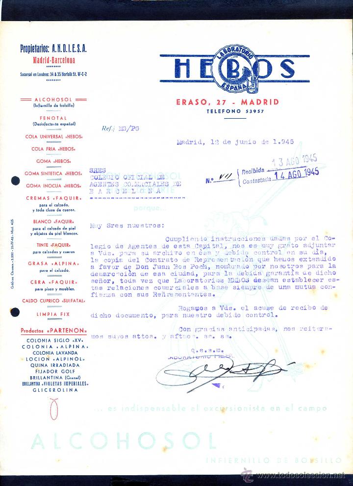 Cartas comerciales: Madrid *Laboratorio Hebos....* Fechada 1945. - Foto 1