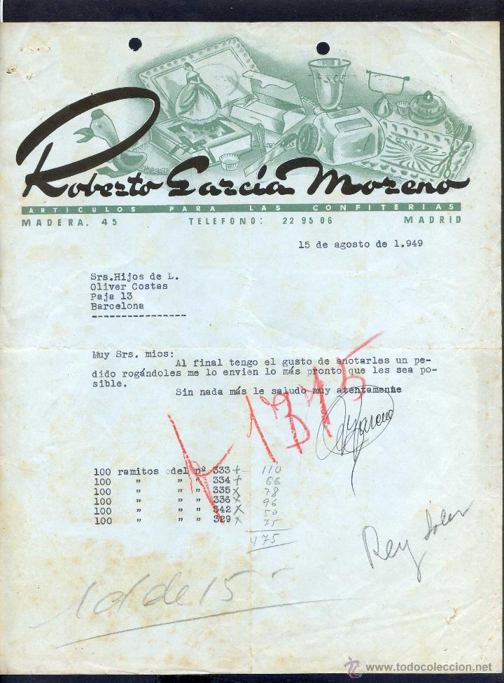 Commercial Letters: Madrid. *Roberto Garc&iacute;a Moreno - Art&iacute;culos para las Confiter&iacute;as...* Fechada 1949.