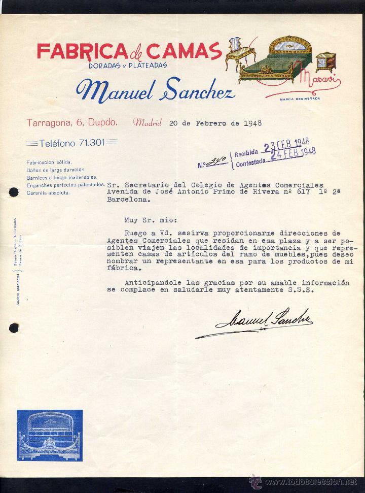Gesch&auml;ftsbriefe: Madrid *MASAVI. Manuel S&aacute;nchez - F&aacute;brica de Camas, Doradas y Plateadas...* Fechada 1948.