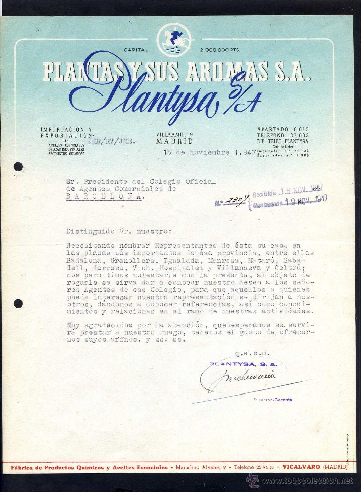 Commercial Letters: Madrid. *Platysa, S.A. - Plantas y Sus Aromas ...* Fechada 1947.