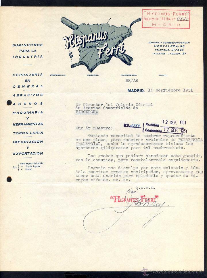 Commercial Letters: Madrid. *Hispanus-Ferri - Suministros para la Industria ...* Fechada 1951.