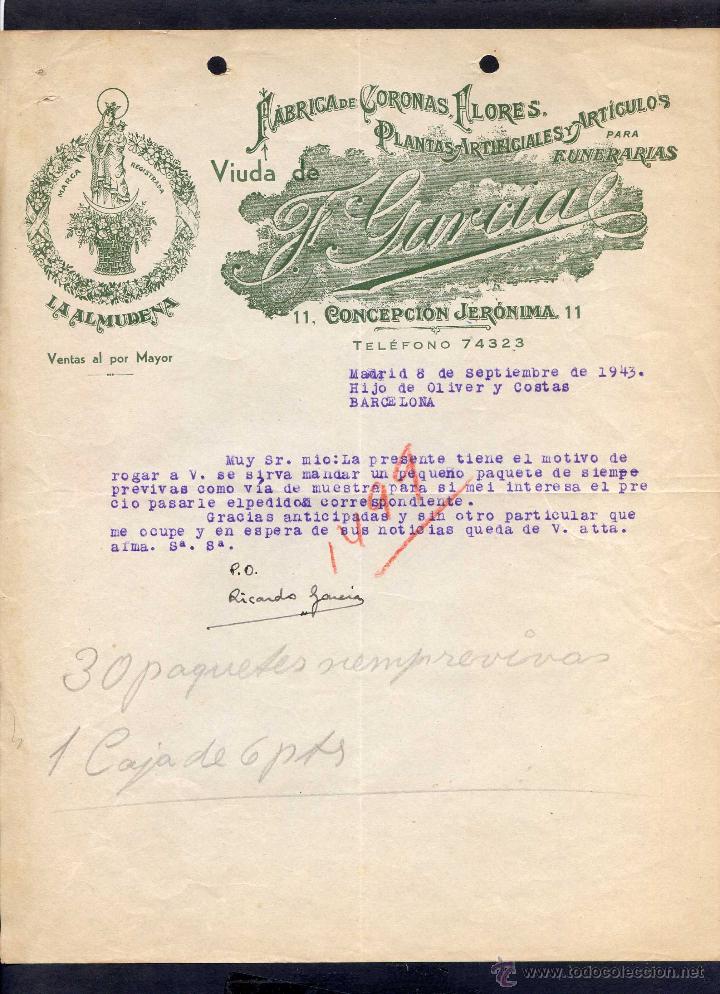 Commercial Letters: Madrid *Viuda de F. Garcia - La Almuneda. F&aacute;brica de Coronas...* Fechada 1943.