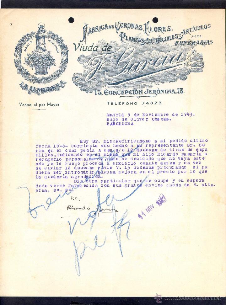 Gesch&auml;ftsbriefe: Madrid *Viuda de F. Garcia - La Almuneda. F&aacute;brica de Coronas...* Fechada 1943.