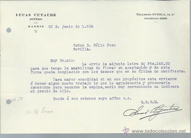 Cartas comerciales: CARTA COMERCIAL LUCAS CUYAUB&Eacute; JOYERO, MADRID 22 JUNIO 1934