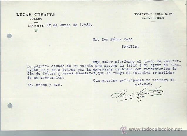 Cartas comerciales: CARTA COMERCIAL LUCAS CUYAUB&Eacute; JOYERO, MADRID 12 JUNIO 1934