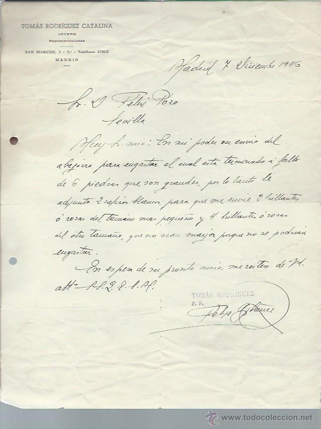 Cartas comerciales: CARTA COMERCIAL TOM&Aacute;S RODR&Iacute;GUEZ CATALINA, JOYERO, MADRID 7 DICIEMBRE 1946