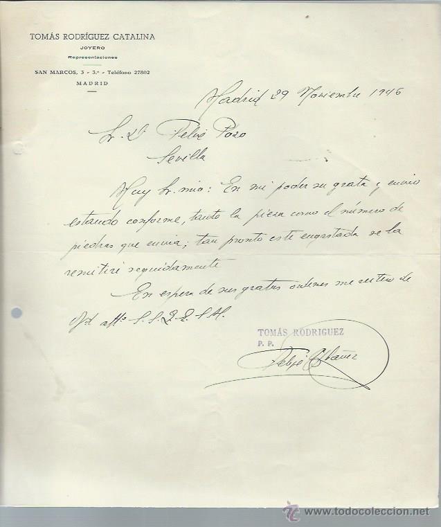 Cartas comerciales: CARTA COMERCIAL TOM&Aacute;S RODR&Iacute;GUEZ CATALINA, JOYERO, MADRID 29 NOVIEMBRE 1946