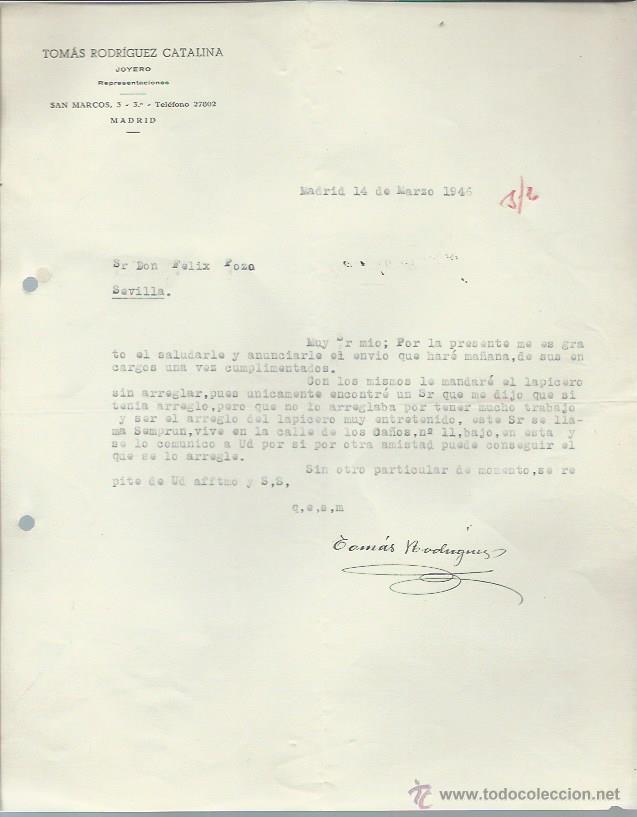 Cartas comerciales: CARTA COMERCIAL TOM&Aacute;S RODR&Iacute;GUEZ CATALINA, JOYERO, MADRID 14 MARZO 1946