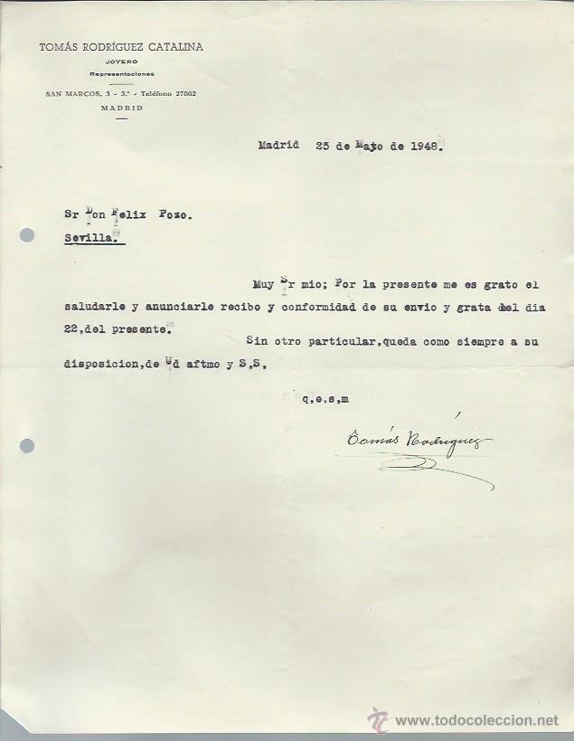 Cartas comerciales: CARTA COMERCIAL TOM&Aacute;S RODR&Iacute;GUEZ CATALINA, JOYERO, MADRID 25 MAYO 1948