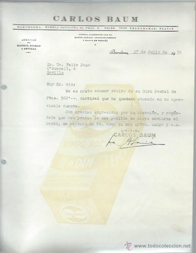 Gesch&auml;ftsbriefe: CARTA COMERCIAL CARLOS BAUM, BARCELONA 27 JULIO 1939