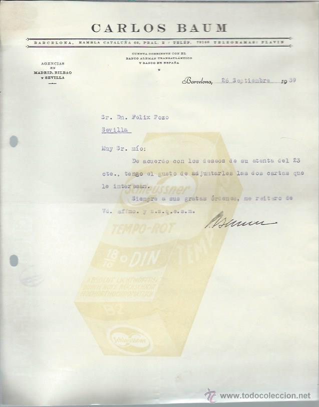 Lettres commerciales: CARTA COMERCIAL CARLOS BAUM, BARCELONA 26 SEPTIEMBRE 1939