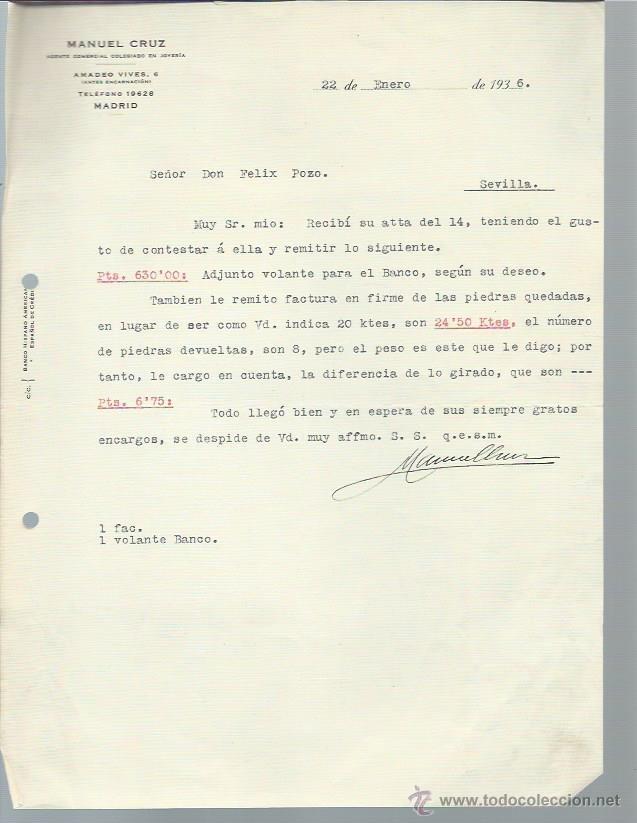 Cartas comerciales: CARTA COMERCIAL MANUEL CRUZ AGENTE COMERCIAL JOYERO, MADRID 22 ENERO 1936