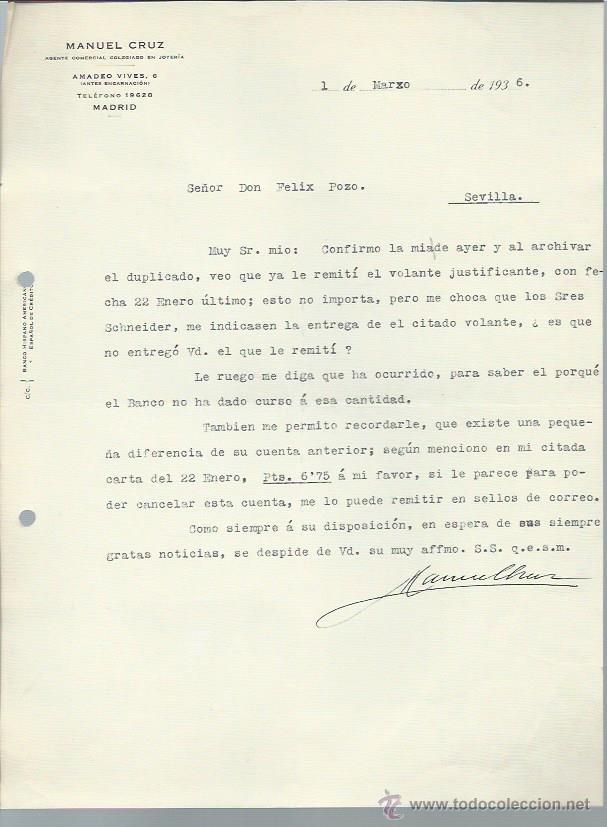 Cartas comerciales: CARTA COMERCIAL MANUEL CRUZ AGENTE COMERCIAL JOYERO, MADRID 1 MARZO 1936