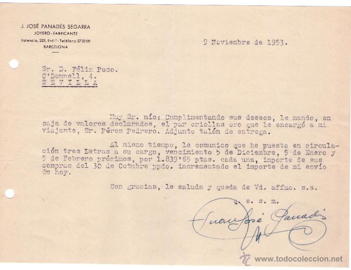 Cartas comerciales: CARTA COMERCIAL DE J. JOS&Eacute; PANAD&Eacute;S SEGARRA. JOYERO- FABRICANTE. BARCELONA. 1953.