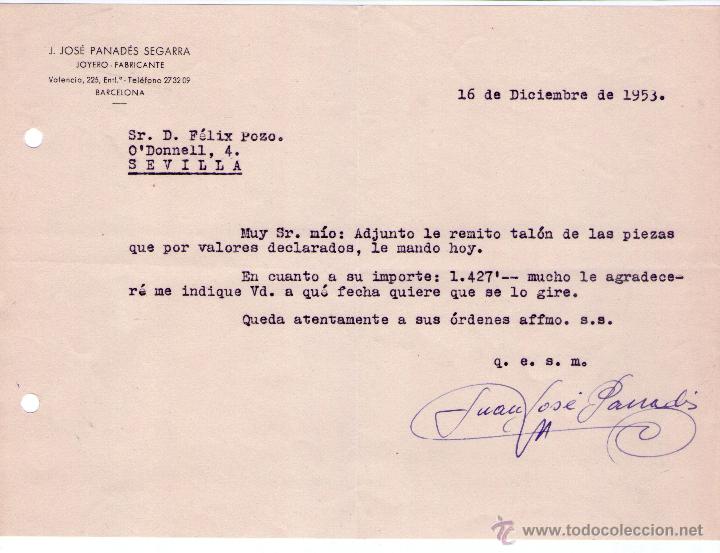 Cartas comerciales: CARTA COMERCIAL DE J. JOS&Eacute; PANAD&Eacute;S SEGARRA. JOYERO- FABRICANTE. BARCELONA. 1953.