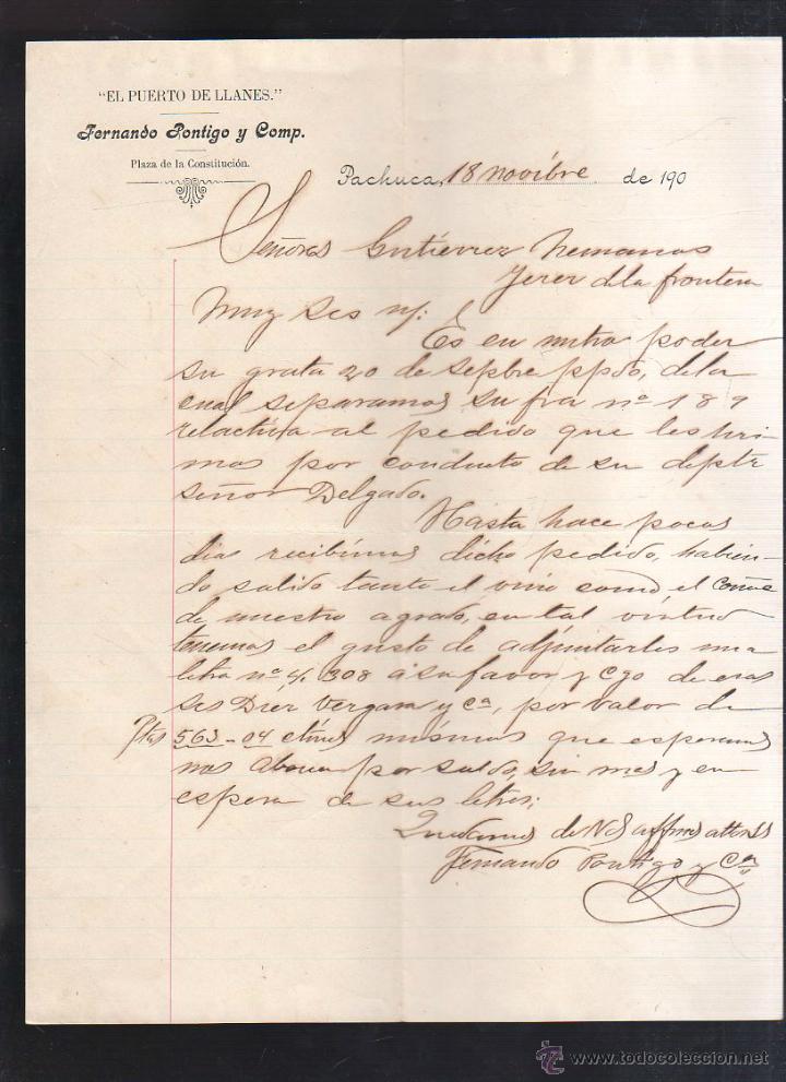 Commercial Letters: CARTA COMERCIAL. EL PUERTO DE LLANES. FERNANDO PONTIGO Y COMP. PACHUCA, MEJICO. 1900