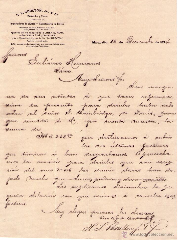Lettres commerciales: CARTA COMERCIAL H. L. BOULTON, JR., & Ci&ordf;. IMPORTADORES DE VIVERES Y EXPORTADORES DE FRUTOS. 1894