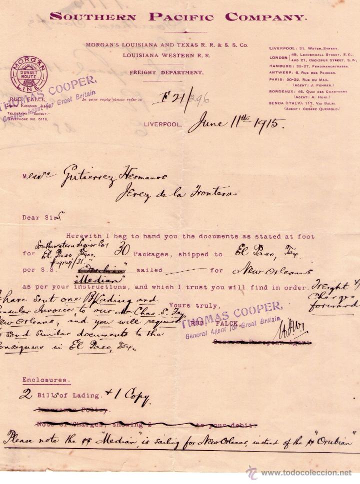Commercial Letters: CARTA COMERCIAL SOUHTHERN PACIFIC COMPANY. LIVERPOOL - INGLATERRA. 1915.