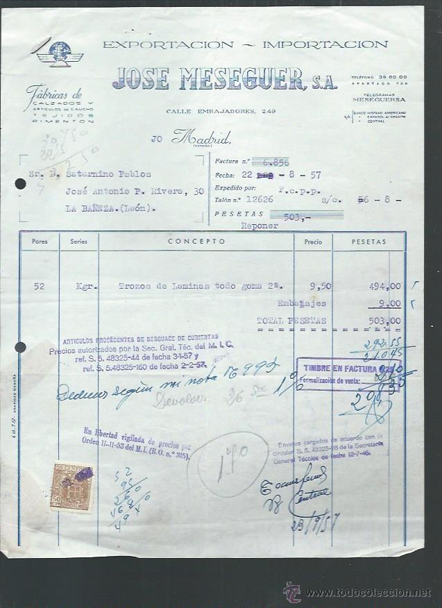 Lettere commerciali: CARTA COMERICAL JOS&Eacute; MESEGUER EXPORTACI&Oacute;N IMPORTACI&Oacute;N CALZADOS, MADRID 22 AGOSTO 1957