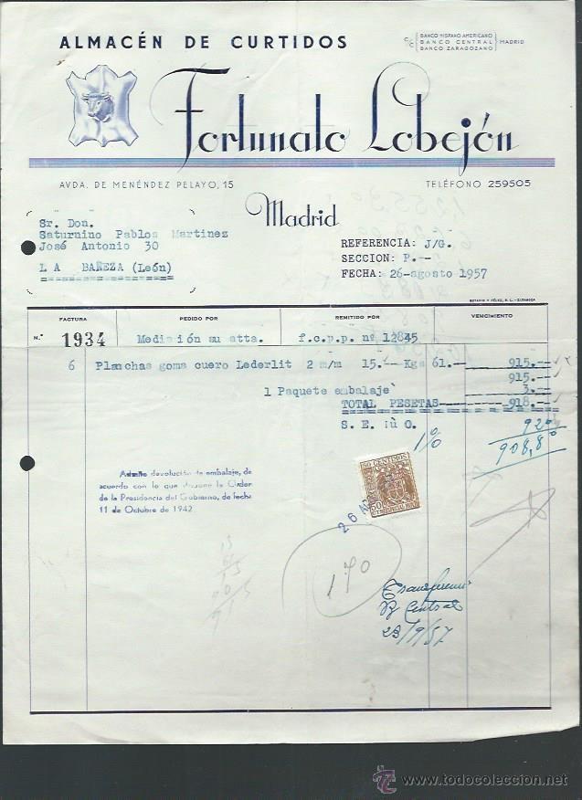 Lettere commerciali: CARTA COMERICAL ALMAC&Eacute;N DE CURTIDOS FORTUNATO LOBEJ&Oacute;N, MADRID 26 AGOSTO 1957