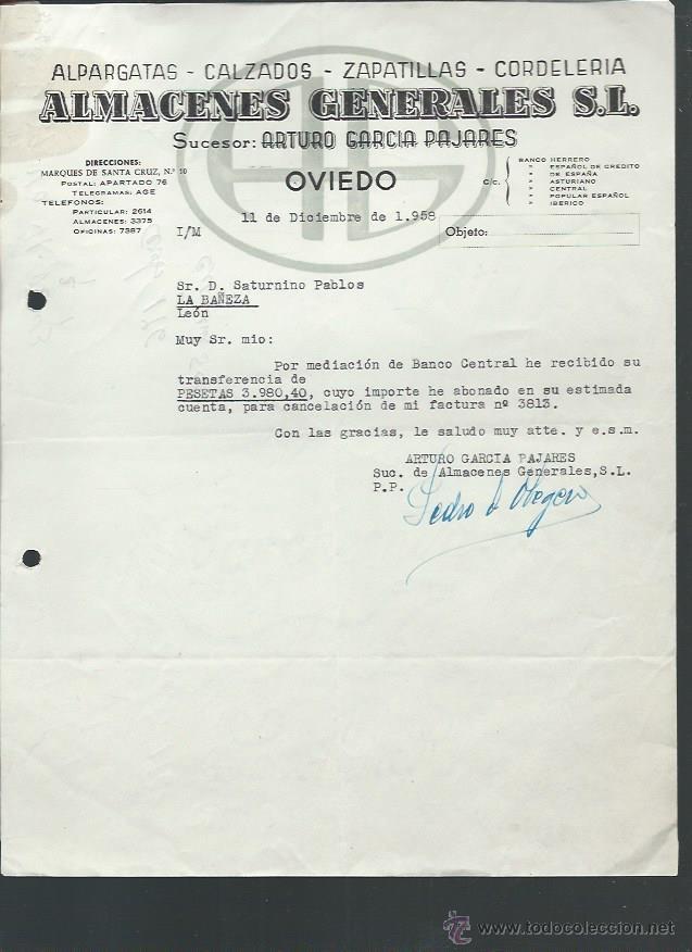 Lettere commerciali: CARTA COMERICAL ALMACENES GENERALES ARTURO GARC&Iacute;A PAJARES, OVIEDO 11 DICIEMBRE 1958