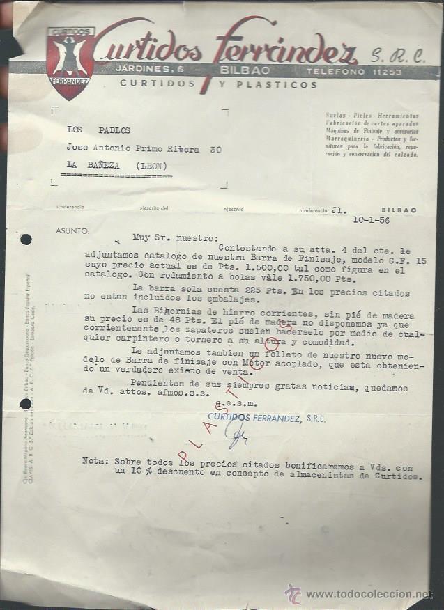 Lettere commerciali: CARTA COMERICAL CURTIDOS FERR&Aacute;NDEZ, BILBAO 10 ENERO 1956