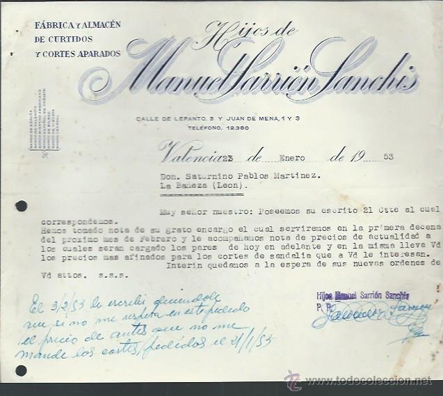 Lettere commerciali: CARTA COMERICAL F&Aacute;BRICA DE CURTIDOS, HIJOS DE MANUEL SARRI&Oacute;N SANCH&Iacute;S, VALENCIA 23 ENERO 1953