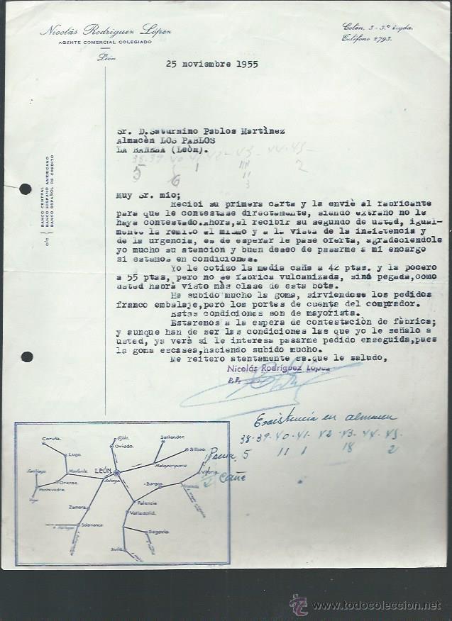 Lettere commerciali: CARTA COMERICAL NICOL&Aacute;S RODR&Iacute;GUEZ L&Oacute;PEZ AGENTE COMERICAL, LE&Oacute;N 25 NOVIEMBRE 1955