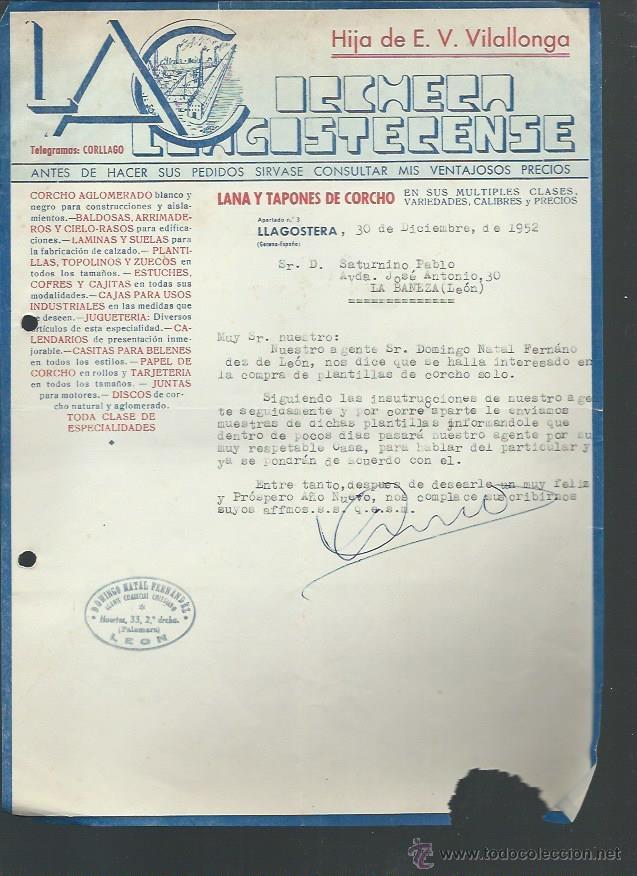 Lettere commerciali: CARTA COMERICAL LA LECHERA, HIJA DE E.V. VILALLONGA, LANA Y TAPONES CORCHO, LLAGOSTERA 30 12 52