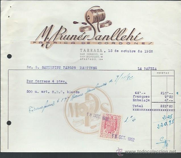 Lettere commerciali: CARTA COMERICAL F&Aacute;BRICA DE CORDONES M.BRUN&Eacute;S SANLLEH&Iacute;, TARRASA 15 OCTUBRE 1952