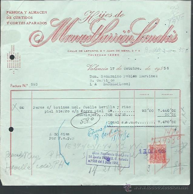 Lettere commerciali: CARTA COMERICAL F&Aacute;BRICA DE CURTIDOS HIJOS DE MANUEL SARRI&Oacute;N SANCH&Iacute;S, VALENCIA 16 OCTUBRE 1956