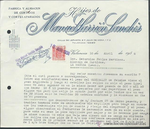 Lettere commerciali: CARTA COMERICAL F&Aacute;BRICA DE CURTIDOS HIJOS DE MANUEL SARRI&Oacute;N SANCH&Iacute;S, VALENCIA 10 ABRIL 1958