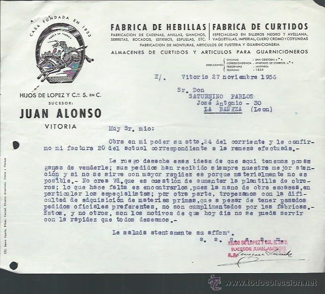 Lettere commerciali: CARTA COMERICAL F&Aacute;BRICA DE HEBILLAS CURTIDOS HIJOS DE L&Oacute;PEZ Y CIA, VITORIA 27 NOVIEMBRE 1956