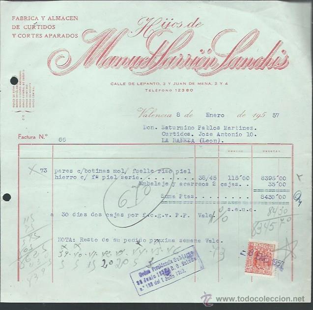 Lettere commerciali: CARTA COMERICAL F&Aacute;BRICA DE CURTIDOS HIJOS DE MANUEL SARRI&Oacute;N SANCH&Iacute;S, VALENCIA 8 ENERO 1957