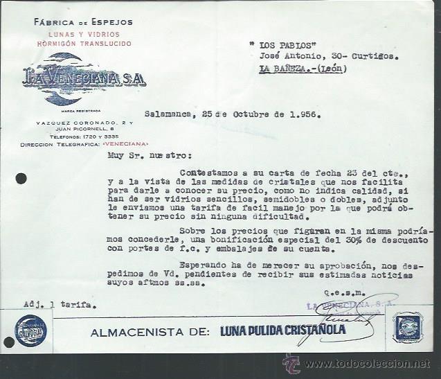 Lettere commerciali: CARTA COMERICAL F&Aacute;BRICA DE ESPEJOS LA VENECIANA, SALAMANCA 25 OCTUBRE 1956