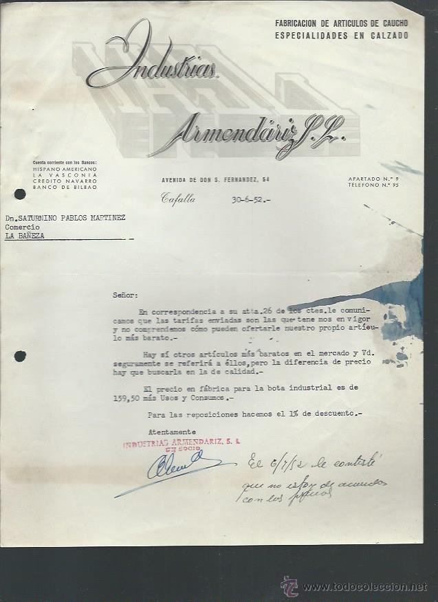 Lettere commerciali: CARTA COMERICAL INDUSTRIAS ARMENDARIZ, CAUCHO CALZADO, CAFALLA 30 JUNIO 1952