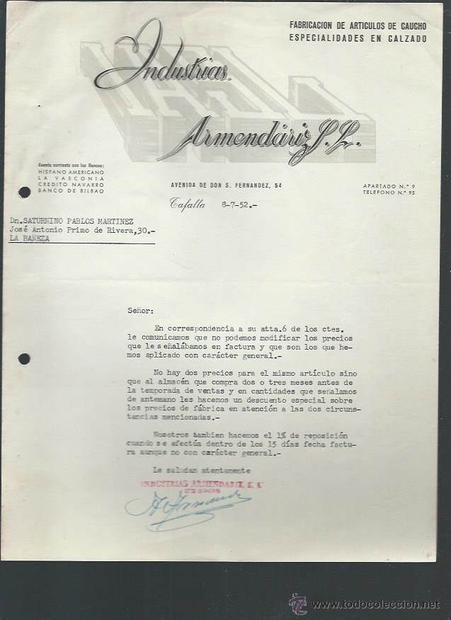 Lettere commerciali: CARTA COMERICAL INDUSTRIAS ARMENDARIZ, CAUCHO CALZADO, CAFALLA 8 JULIO 1952